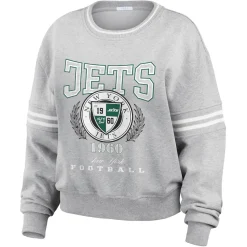 Women New York Jets Sweatshirts & Fleece | Women^Women's WEAR By Erin Andrews Heather Gray Crest Cropped Pullover Sweatshirt