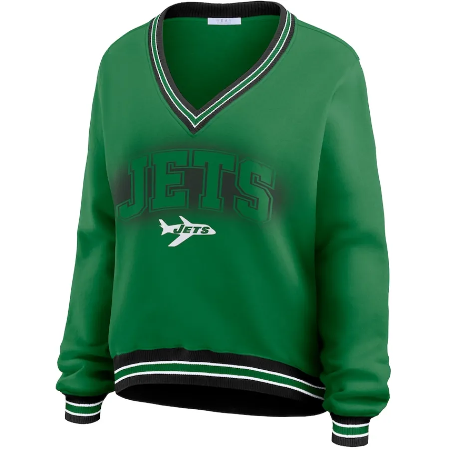 Women New York Jets Sweatshirts & Fleece | Women^Women's WEAR By Erin Andrews Green Oversized Long Sleeve V-Neck Sweatshirt