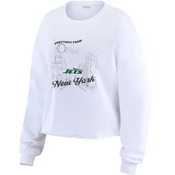 New York Jets Long Sleeved^Women's WEAR By Erin Andrews White Postcard Cropped Long Sleeve Top