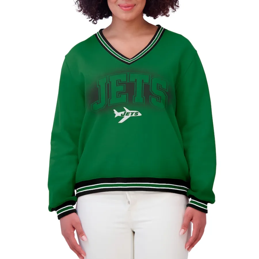 Women New York Jets Sweatshirts & Fleece | Women^Women's WEAR By Erin Andrews Green Oversized Long Sleeve V-Neck Sweatshirt