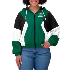 Women New York Jets Jackets^Women's WEAR By Erin Andrews Green/Black Plus Size Color Block Full-Zip Windbreaker Jacket