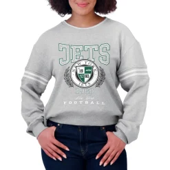 Women New York Jets Sweatshirts & Fleece | Women^Women's WEAR By Erin Andrews Heather Gray Crest Cropped Pullover Sweatshirt