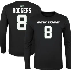 Kids New York Jets T-Shirts | Kids^Youth Aaron Rodgers Black Mainliner Player Name & Number Long Sleeve T-Shirt
