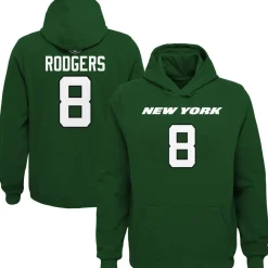 Kids New York Jets Sweatshirts & Fleece | Kids^Youth Aaron Rodgers Green Mainliner Player Name & Number Pullover Hoodie