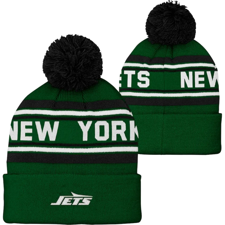 Kids New York Jets Hats | Kids^Youth Green Jacquard Cuffed Knit Hat With Pom