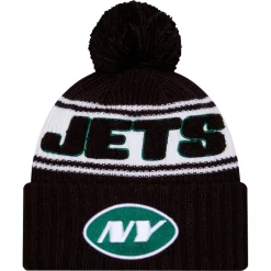 Kids New York Jets Hats | Kids^Youth New Era Black 2024/25 Sideline Cuffed Knit Hat With Pom
