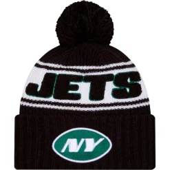 Kids New York Jets Hats | Kids^Youth New Era Black 2024/25 Sideline Cuffed Knit Hat With Pom