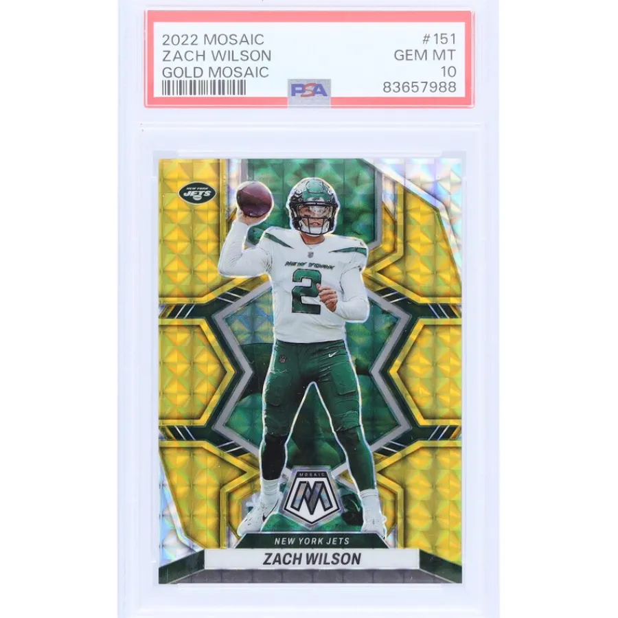 New York Jets Trading Cards^Zach Wilson 2022 Panini Mosaic Gold Mosaic #151 #3/10 PSA Authenticated 10 Card