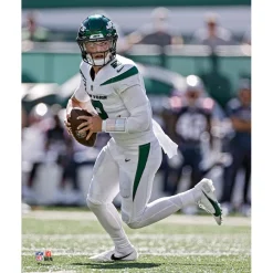 New York Jets Photos | Prints & Artwork^Zach Wilson Unsigned White Jersey Scrambling Vertical Photograph