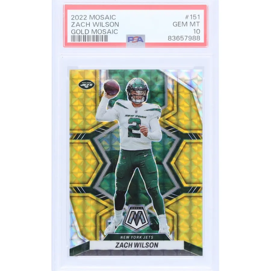 New York Jets Trading Cards^Zach Wilson 2022 Panini Mosaic Gold Mosaic #151 #3/10 PSA Authenticated 10 Card