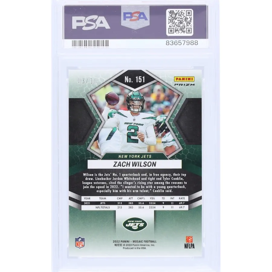 New York Jets Trading Cards^Zach Wilson 2022 Panini Mosaic Gold Mosaic #151 #3/10 PSA Authenticated 10 Card